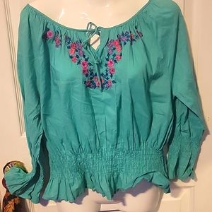 Aqua floral embroidery sz S green blouse